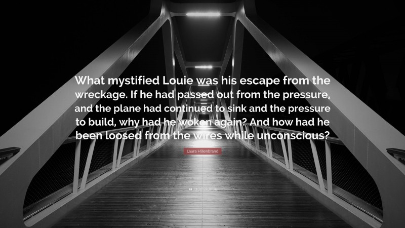 Laura Hillenbrand Quote: “What mystified Louie was his escape from the wreckage. If he had passed out from the pressure, and the plane had continued to sink and the pressure to build, why had he woken again? And how had he been loosed from the wires while unconscious?”