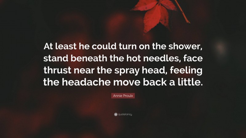 Annie Proulx Quote: “At least he could turn on the shower, stand beneath the hot needles, face thrust near the spray head, feeling the headache move back a little.”