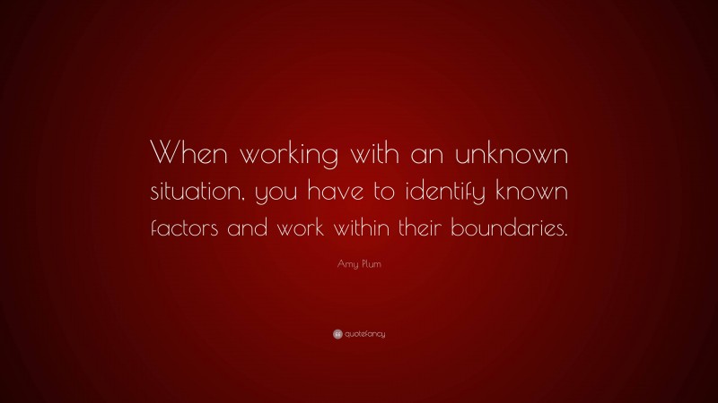 Amy Plum Quote: “When working with an unknown situation, you have to identify known factors and work within their boundaries.”