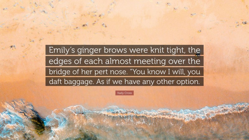 Kady Cross Quote: “Emily’s ginger brows were knit tight, the edges of each almost meeting over the bridge of her pert nose. “You know I will, you daft baggage. As if we have any other option.”