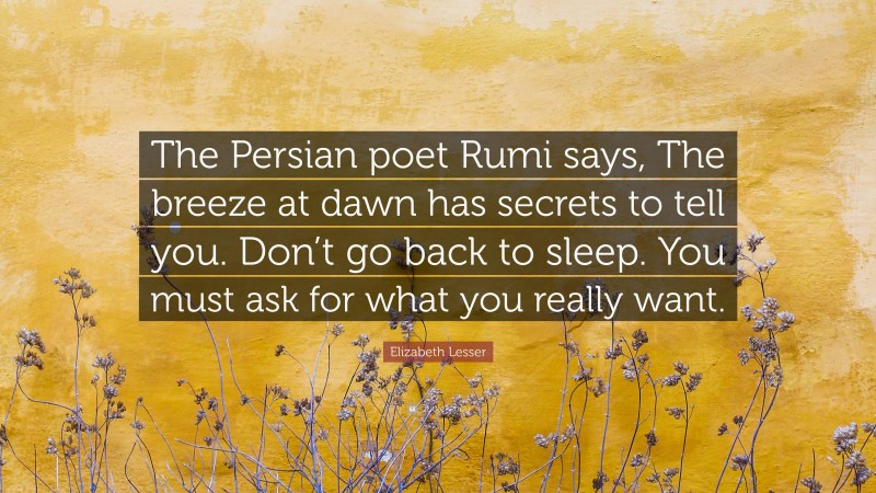 Elizabeth Lesser Quote: “The Persian poet Rumi says, The breeze at dawn has secrets to tell you. Don’t go back to sleep. You must ask for what you really want.”