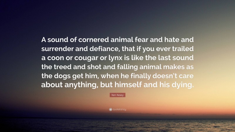 Ken Kesey Quote: “A sound of cornered animal fear and hate and surrender and defiance, that if you ever trailed a coon or cougar or lynx is like the last sound the treed and shot and falling animal makes as the dogs get him, when he finally doesn’t care about anything, but himself and his dying.”