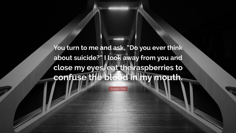 Joseph Fink Quote: “You turn to me and ask, “Do you ever think about suicide?” I look away from you and close my eyes, eat the raspberries to confuse the blood in my mouth.”