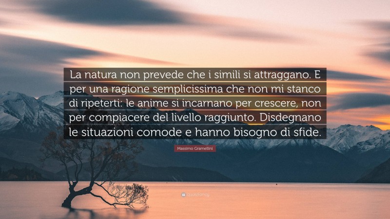 Massimo Gramellini Quote: “La natura non prevede che i simili si attraggano. E per una ragione semplicissima che non mi stanco di ripeterti: le anime si incarnano per crescere, non per compiacere del livello raggiunto. Disdegnano le situazioni comode e hanno bisogno di sfide.”