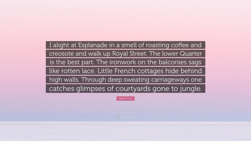 Walker Percy Quote: “I alight at Esplanade in a smell of roasting coffee and creosote and walk up Royal Street. The lower Quarter is the best part. The ironwork on the balconies sags like rotten lace. Little French cottages hide behind high walls. Through deep sweating carriageways one catches glimpses of courtyards gone to jungle.”