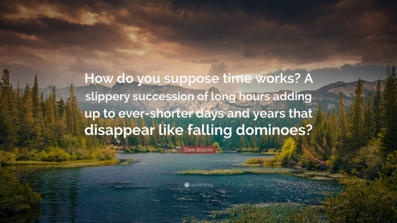 Dani Shapiro Quote: “How do you suppose time works? A slippery succession of long hours adding up to ever-shorter days and years that disappear like falling dominoes?”