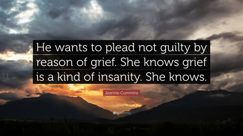 Jeanine Cummins Quote: “He wants to plead not guilty by reason of grief. She knows grief is a kind of insanity. She knows.”