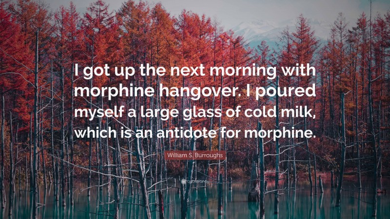 William S. Burroughs Quote: “I got up the next morning with morphine hangover. I poured myself a large glass of cold milk, which is an antidote for morphine.”