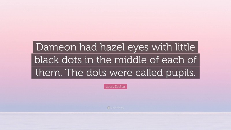 Louis Sachar Quote: “Dameon had hazel eyes with little black dots in the middle of each of them. The dots were called pupils.”