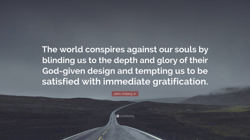 John Ortberg Jr. Quote: “The world conspires against our souls by blinding us to the depth and glory of their God-given design and tempting us to be satisfied with immediate gratification.”