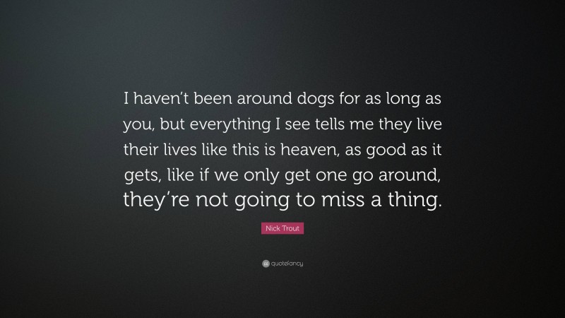Nick Trout Quote: “I haven’t been around dogs for as long as you, but everything I see tells me they live their lives like this is heaven, as good as it gets, like if we only get one go around, they’re not going to miss a thing.”
