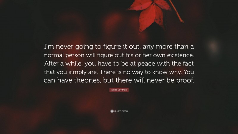 David Levithan Quote: “I’m never going to figure it out, any more than a normal person will figure out his or her own existence. After a while, you have to be at peace with the fact that you simply are. There is no way to know why. You can have theories, but there will never be proof.”