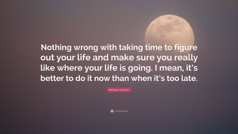 Melody Carlson Quote: “Nothing wrong with taking time to figure out your life and make sure you really like where your life is going. I mean, it’s better to do it now than when it’s too late.”