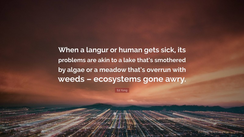 Ed Yong Quote: “When a langur or human gets sick, its problems are akin to a lake that’s smothered by algae or a meadow that’s overrun with weeds – ecosystems gone awry.”
