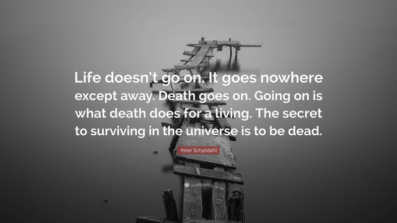 Peter Schjeldahl Quote: “Life doesn’t go on. It goes nowhere except away. Death goes on. Going on is what death does for a living. The secret to surviving in the universe is to be dead.”