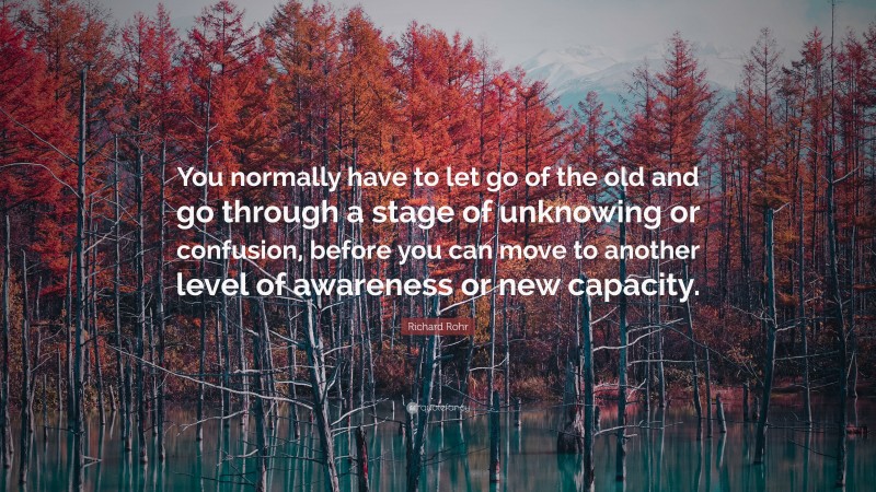 Richard Rohr Quote: “You normally have to let go of the old and go through a stage of unknowing or confusion, before you can move to another level of awareness or new capacity.”