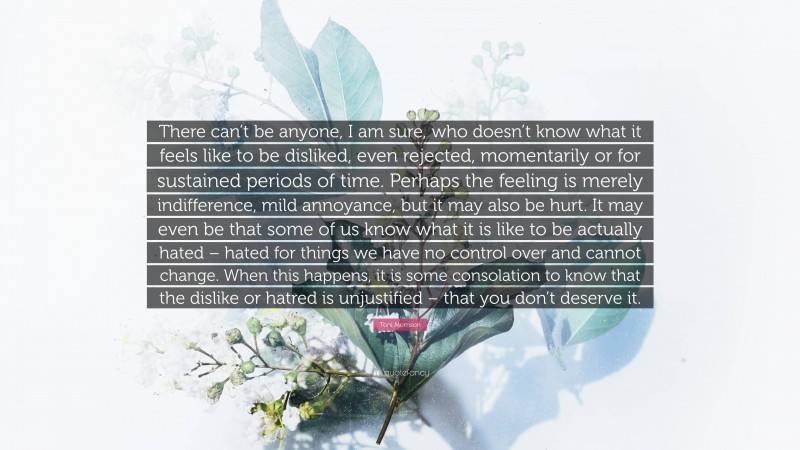 Toni Morrison Quote: “There can’t be anyone, I am sure, who doesn’t know what it feels like to be disliked, even rejected, momentarily or for sustained periods of time. Perhaps the feeling is merely indifference, mild annoyance, but it may also be hurt. It may even be that some of us know what it is like to be actually hated – hated for things we have no control over and cannot change. When this happens, it is some consolation to know that the dislike or hatred is unjustified – that you don’t deserve it.”