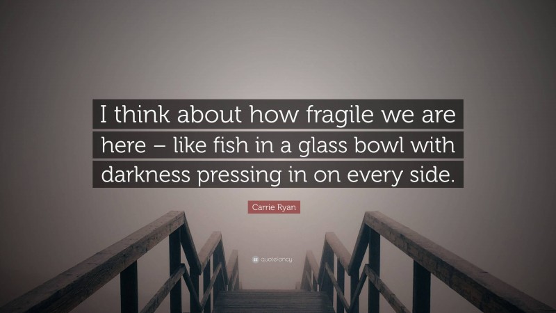 Carrie Ryan Quote: “I think about how fragile we are here – like fish in a glass bowl with darkness pressing in on every side.”