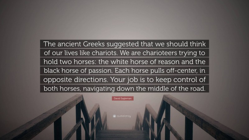 David Eagleman Quote: “The ancient Greeks suggested that we should think of our lives like chariots. We are charioteers trying to hold two horses: the white horse of reason and the black horse of passion. Each horse pulls off-center, in opposite directions. Your job is to keep control of both horses, navigating down the middle of the road.”