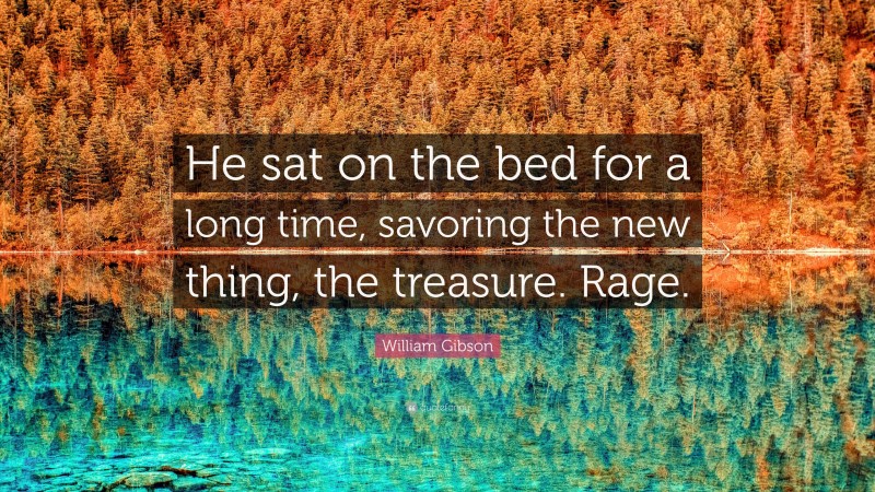 William Gibson Quote: “He sat on the bed for a long time, savoring the new thing, the treasure. Rage.”