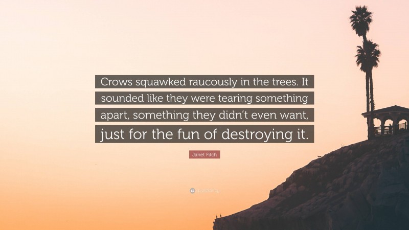 Janet Fitch Quote: “Crows squawked raucously in the trees. It sounded like they were tearing something apart, something they didn’t even want, just for the fun of destroying it.”