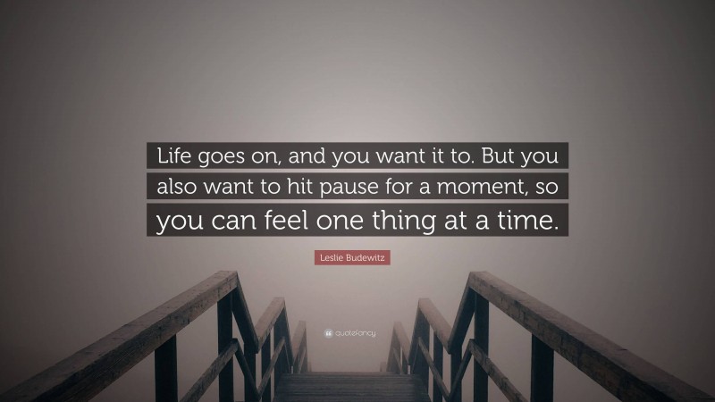 Leslie Budewitz Quote: “Life goes on, and you want it to. But you also want to hit pause for a moment, so you can feel one thing at a time.”