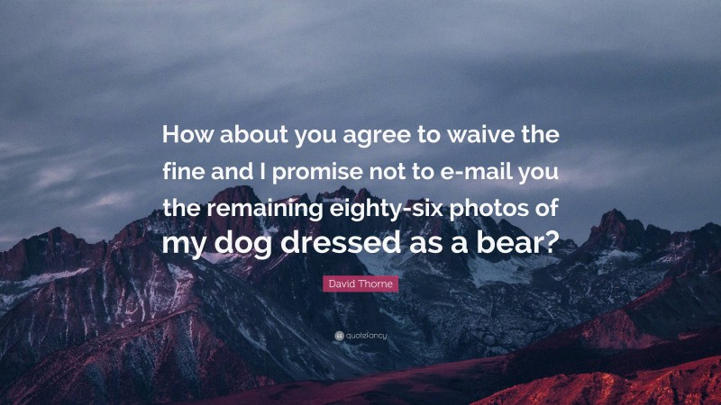 David Thorne Quote: “How about you agree to waive the fine and I promise not to e-mail you the remaining eighty-six photos of my dog dressed as a bear?”