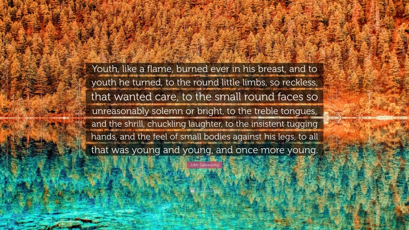 John Galsworthy Quote: “Youth, like a flame, burned ever in his breast, and to youth he turned, to the round little limbs, so reckless, that wanted care, to the small round faces so unreasonably solemn or bright, to the treble tongues, and the shrill, chuckling laughter, to the insistent tugging hands, and the feel of small bodies against his legs, to all that was young and young, and once more young.”