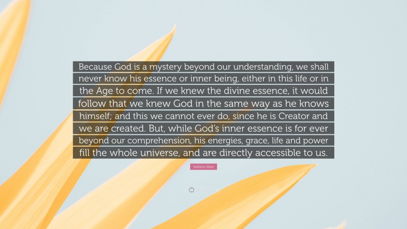 Kallistos Ware Quote: “Because God is a mystery beyond our understanding, we shall never know his essence or inner being, either in this life or in the Age to come. If we knew the divine essence, it would follow that we knew God in the same way as he knows himself; and this we cannot ever do, since he is Creator and we are created. But, while God’s inner essence is for ever beyond our comprehension, his energies, grace, life and power fill the whole universe, and are directly accessible to us.”