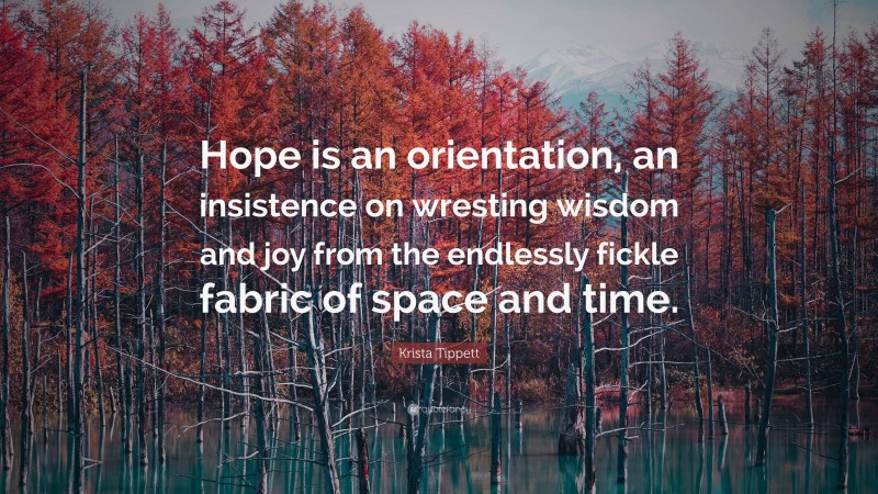 Krista Tippett Quote: “Hope is an orientation, an insistence on wresting wisdom and joy from the endlessly fickle fabric of space and time.”