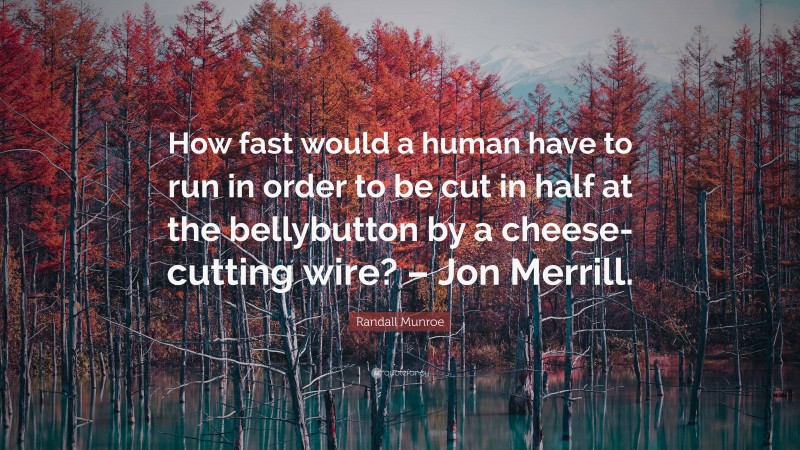 Randall Munroe Quote: “How fast would a human have to run in order to be cut in half at the bellybutton by a cheese-cutting wire? – Jon Merrill.”