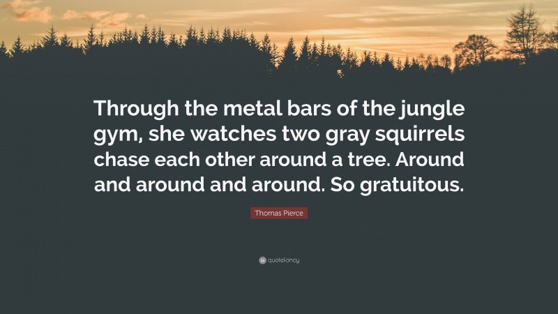 Thomas Pierce Quote: “Through the metal bars of the jungle gym, she watches two gray squirrels chase each other around a tree. Around and around and around. So gratuitous.”