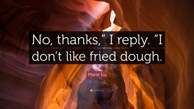 Marie Lu Quote: “No, thanks,” I reply. “I don’t like fried dough.”