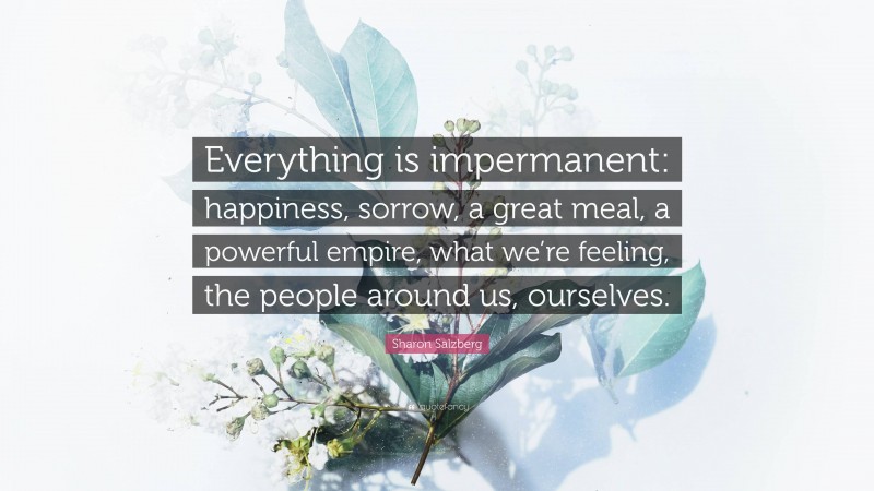 Sharon Salzberg Quote: “Everything is impermanent: happiness, sorrow, a great meal, a powerful empire, what we’re feeling, the people around us, ourselves.”