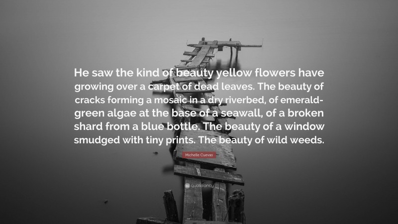 Michelle Cuevas Quote: “He saw the kind of beauty yellow flowers have growing over a carpet of dead leaves. The beauty of cracks forming a mosaic in a dry riverbed, of emerald-green algae at the base of a seawall, of a broken shard from a blue bottle. The beauty of a window smudged with tiny prints. The beauty of wild weeds.”