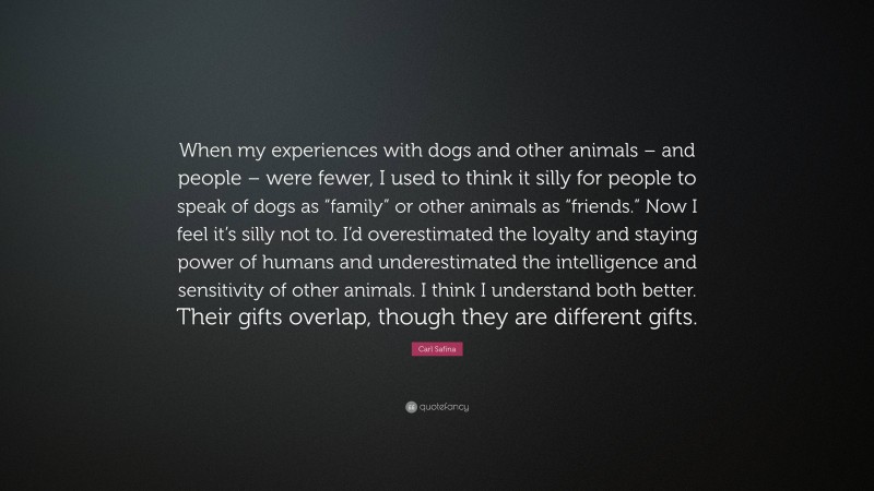 Carl Safina Quote: “When my experiences with dogs and other animals – and people – were fewer, I used to think it silly for people to speak of dogs as “family” or other animals as “friends.” Now I feel it’s silly not to. I’d overestimated the loyalty and staying power of humans and underestimated the intelligence and sensitivity of other animals. I think I understand both better. Their gifts overlap, though they are different gifts.”