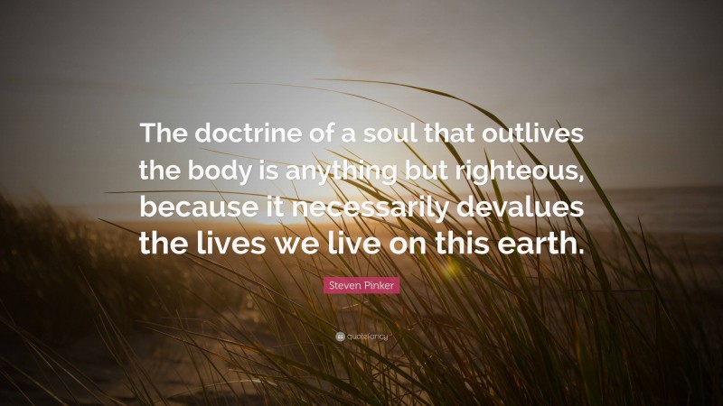 Steven Pinker Quote: “The doctrine of a soul that outlives the body is anything but righteous, because it necessarily devalues the lives we live on this earth.”
