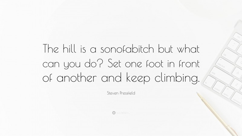 Steven Pressfield Quote: “The hill is a sonofabitch but what can you do? Set one foot in front of another and keep climbing.”