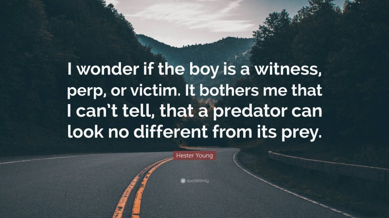 Hester Young Quote: “I wonder if the boy is a witness, perp, or victim. It bothers me that I can’t tell, that a predator can look no different from its prey.”