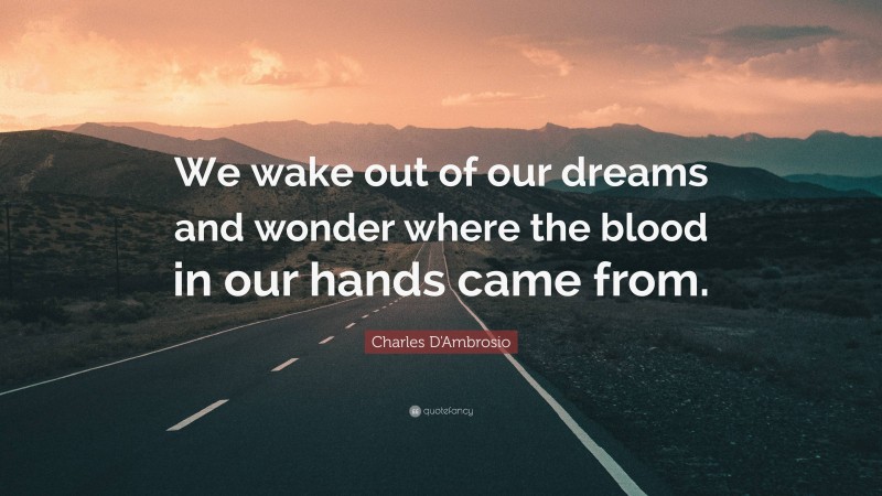 Charles D'Ambrosio Quote: “We wake out of our dreams and wonder where the blood in our hands came from.”