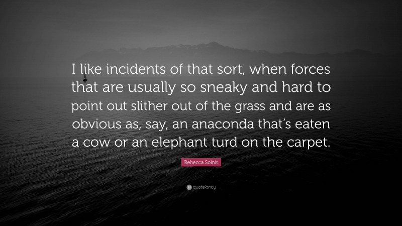 Rebecca Solnit Quote: “I like incidents of that sort, when forces that are usually so sneaky and hard to point out slither out of the grass and are as obvious as, say, an anaconda that’s eaten a cow or an elephant turd on the carpet.”