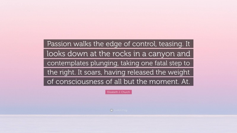 Elizabeth J. Church Quote: “Passion walks the edge of control, teasing. It looks down at the rocks in a canyon and contemplates plunging, taking one fatal step to the right. It soars, having released the weight of consciousness of all but the moment. At.”