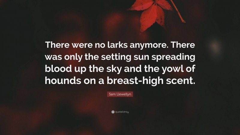 Sam Llewellyn Quote: “There were no larks anymore. There was only the setting sun spreading blood up the sky and the yowl of hounds on a breast-high scent.”