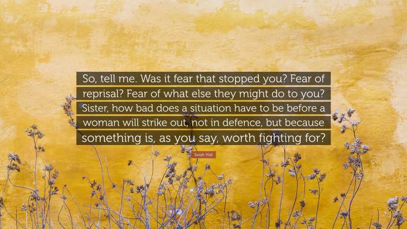 Sarah Hall Quote: “So, tell me. Was it fear that stopped you? Fear of reprisal? Fear of what else they might do to you? Sister, how bad does a situation have to be before a woman will strike out, not in defence, but because something is, as you say, worth fighting for?”