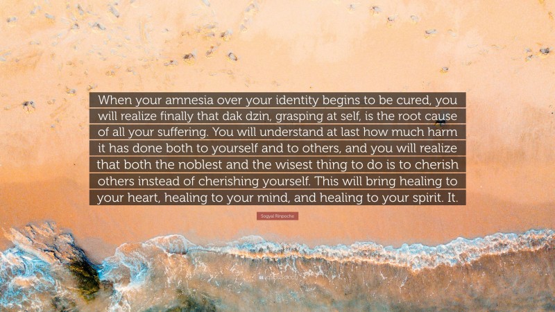 Sogyal Rinpoche Quote: “When your amnesia over your identity begins to be cured, you will realize finally that dak dzin, grasping at self, is the root cause of all your suffering. You will understand at last how much harm it has done both to yourself and to others, and you will realize that both the noblest and the wisest thing to do is to cherish others instead of cherishing yourself. This will bring healing to your heart, healing to your mind, and healing to your spirit. It.”
