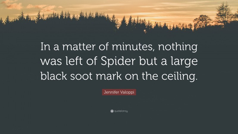 Jennifer Valoppi Quote: “In a matter of minutes, nothing was left of Spider but a large black soot mark on the ceiling.”