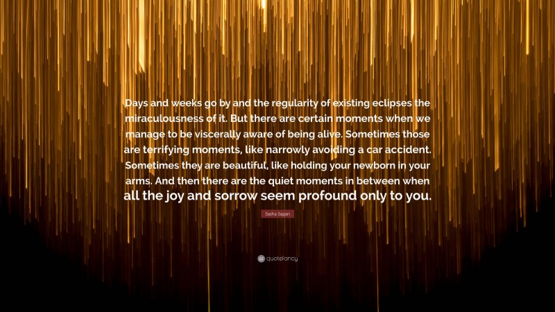 Sasha Sagan Quote: “Days and weeks go by and the regularity of existing eclipses the miraculousness of it. But there are certain moments when we manage to be viscerally aware of being alive. Sometimes those are terrifying moments, like narrowly avoiding a car accident. Sometimes they are beautiful, like holding your newborn in your arms. And then there are the quiet moments in between when all the joy and sorrow seem profound only to you.”