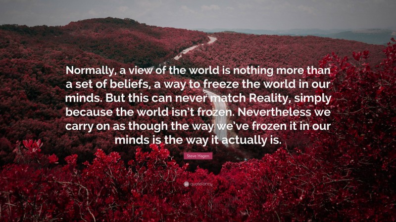 Steve Hagen Quote: “Normally, a view of the world is nothing more than a set of beliefs, a way to freeze the world in our minds. But this can never match Reality, simply because the world isn’t frozen. Nevertheless we carry on as though the way we’ve frozen it in our minds is the way it actually is.”