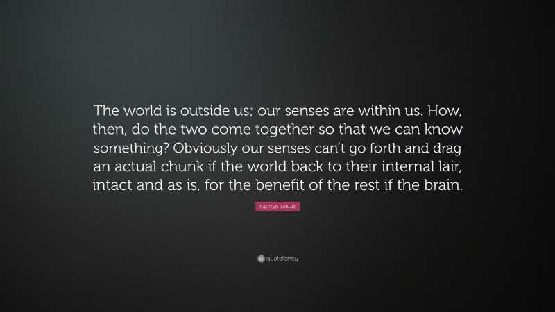 Kathryn Schulz Quote: “The world is outside us; our senses are within us. How, then, do the two come together so that we can know something? Obviously our senses can’t go forth and drag an actual chunk if the world back to their internal lair, intact and as is, for the benefit of the rest if the brain.”