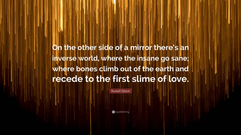 Russell Edson Quote: “On the other side of a mirror there’s an inverse world, where the insane go sane; where bones climb out of the earth and recede to the first slime of love.”